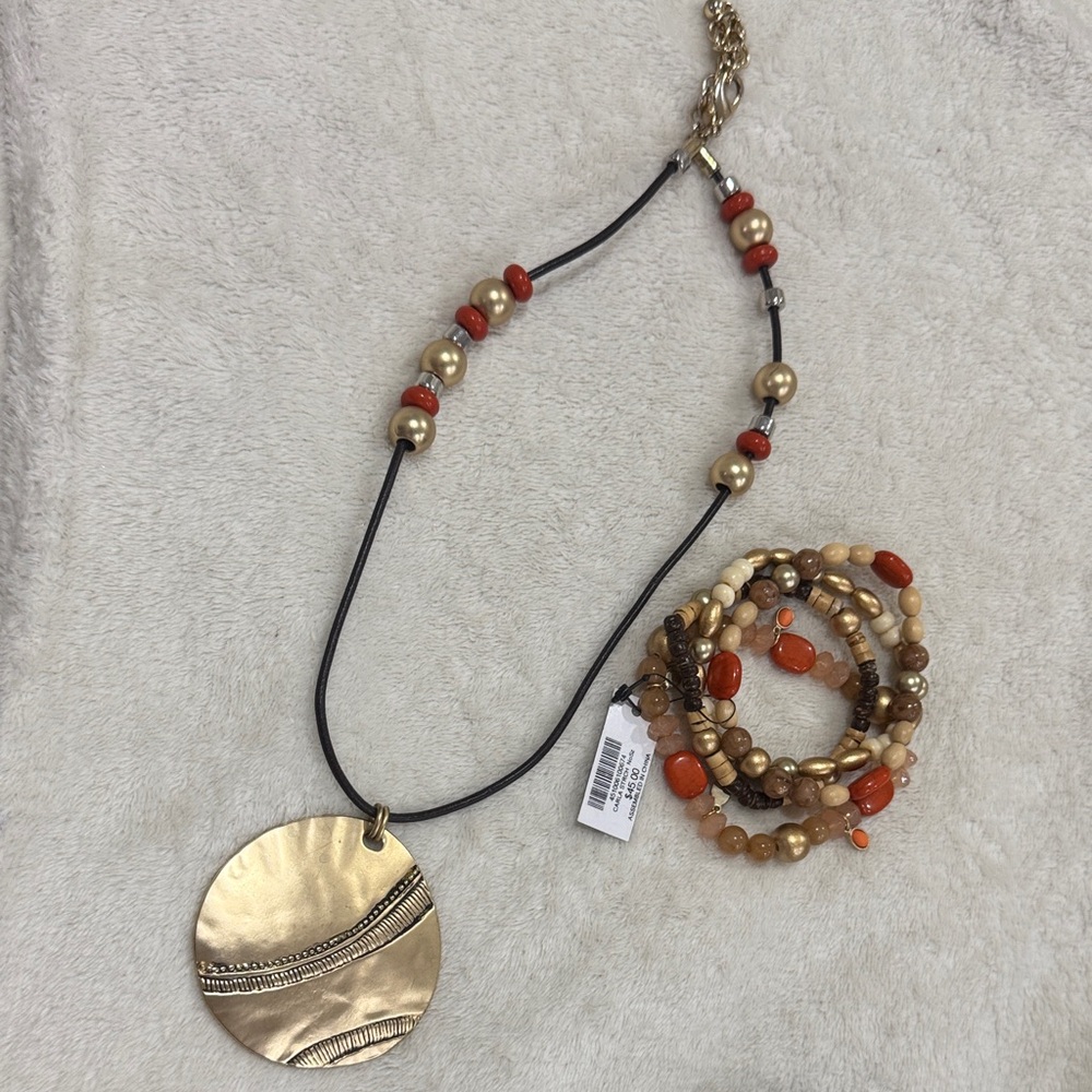 Chico's Gold and Red Beaded Necklace Set